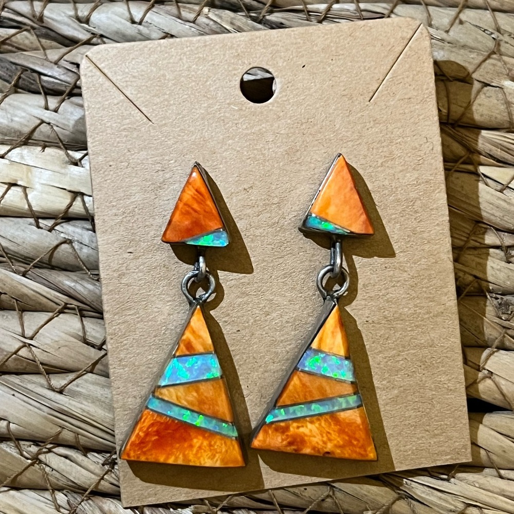 Native American Navajo earrings. dangle posts orange oyster and lab opal.